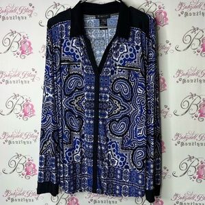 INC International Concepts long sleeve Blue and White Patterned Blouse